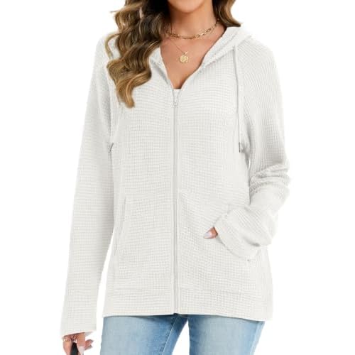 Womens Waffle Knit Full Zip Up Hoodie Long Sleeve Sweatshirt Tops
