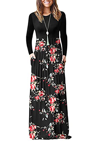 Image of AUSELILY Womens Long Sleeve Maxi Dress Casual Empire Waist with Pockets