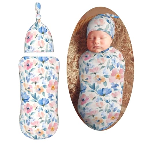 Image of Spring Watercolor Floral Swaddle Blanket with Beanie Hat Set Newborn Swaddle Wrap Soft Baby Receiving Blankets Baby Swaddle Blanket for Baby Boys and Girls