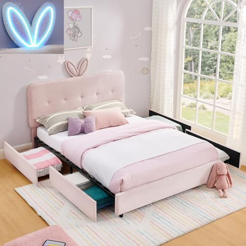 Image of Full Led Bed Frame with 4 Storage Drawer, Upholstered Platform Floor Bed with Rabbit Ear Headboard Daybed Strong Wooden Slats No Box Spring Needed for Kids Girls Boys, Pink