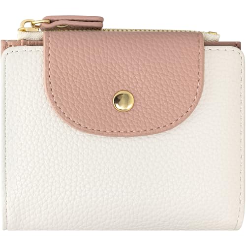 YINHEXI Small Compact Bifold Leather Wallet for Women RFID Blocking with Zipper Coin Pocket & ID Window (Bi-fold, White)