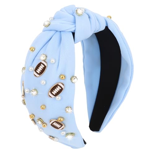 YARIEW Football Headband for Women Pearl Rhinestone Jeweled Knotted Headband Fashion Headband Wide Game Day Sports Hair Accessories Gift for Football Mom Fans Christmas (Light Blue)