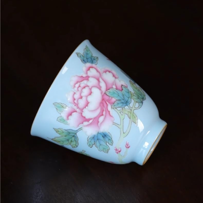 Tea Cup Hand-Painted Pastel Blue Peony Scented Teacup Porcelain Kung Fu Set Soaking Container