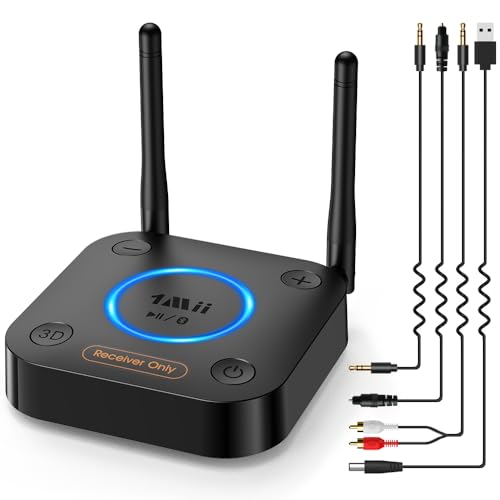 1Mii B06Pro Recepteur Bluetooth 5.3, Longue Portée Adaptateur Audio sans Fil Hi-FI, avec 3D Surround aptX HD&LL, RCA Optique AUX 3,5 mm Coaxial pour Système...