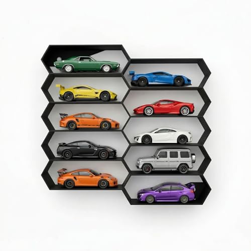 Image of Akrinity 10-Car Hexagon Wall Rack Compatible with Hot Wheels Stand & 1:64 Die-Cast Cars | Stackable Wall Car Display Organizer with Side Guards & Screw Slot | Home & Office Decor