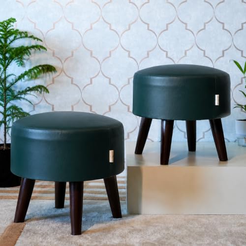 Image of Stool Ottoman Pouffes for Living Room, Kitchen, Home, Office Furniture with Soft Cotton Canva Cushion Mudda Footrest Stool for Chair Sofa Bed Dressing, Green Leather (14 Inch Pack of 2)