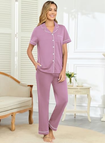 Image of Veseacky 100% Cotton Pajamas for Women Set Short Sleeve Button Down Sleepwear Soft 2 Piece Summer Pjs Lounge Sets S-XXL