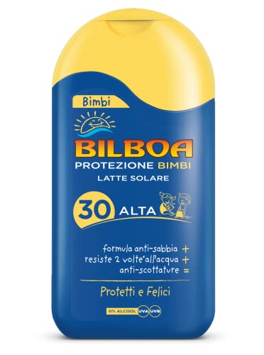 Bilboa, Bimbi Latte Solare Bambini con Protezione SPF 30 - Spray Senza Alcool - Formula Anti Sabbia, Resistente all'Acqua e Anti Scottature - Dermatologicamente Testato - 200 ml