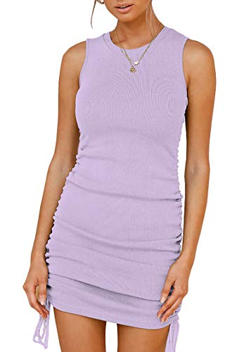 Image of BTFBM Women Sleeveless Bodycon Ruched Short Dress Side Drawstring Solid Crew Neck Casual Summer Tank Shirt Mini Dresses