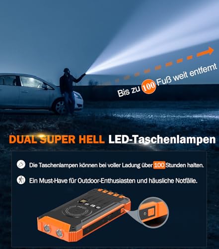 Image of GOODaaa Wireless Solar Power Bank 26800 mAh with 6 Outputs and 4 Inputs, 15 W Quick Charge Solar Charger with Integrated Torch and Carabiner Hook for Camping and Outdoor Use