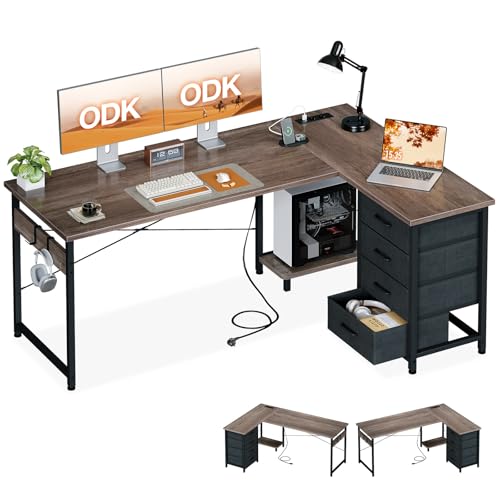 ODK Eckschreibtisch mit 4 Schubladen, 155×110 cm Schreibtisch L Form mit Steckdose und USB-Ladeanschluss, Reversibler Schreibtisch mit Stauraum für Homeoffice, Graue Eiche