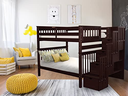 Bedz King Stairway Bunk Beds Full Over Full With 4 Drawers In The Steps, Dark Cherry #TOP4