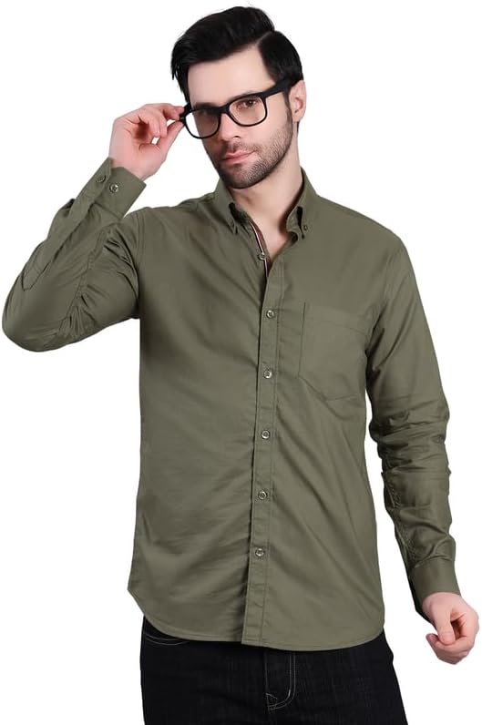 Men Olive Regular Solid Oxford Shirt with Polo Collar Full Sleeve Classic Design for Refined Casual Styling