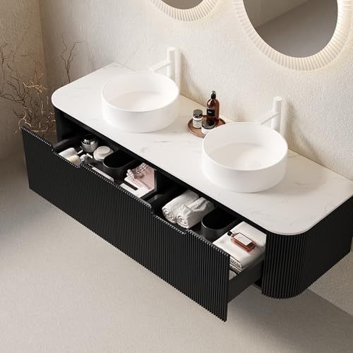 Image of KEIKI 60 inch Bathroom Vanity with Sink, Wall-Mounted Floating Bathroom Vanity with Curved Edge Striped Front, 2 Drawers & 2 Round Ceramic Basins, Pre-Assembled Storage Cabinet, Black