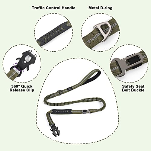 Raipult taktische, robuste Hundeleine, ca. 1,2 - 1,8 m, starke Bungee-Leine mit Richtungsverbinder (Frog clip) und Auto-Sicherheitsgurt, Militär-Leine für K9 mit 2 Griffen für mittelgroße Hunde, grün