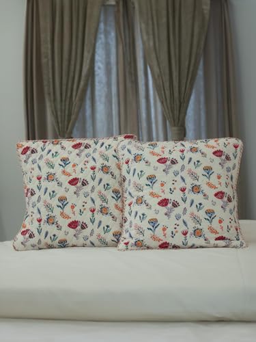 Image of Rang Hand Block Printed Cushion Cover Set | Cushions Cover for Home & Office | 100% Cotton Fabric | Quilted | Size - 16 x 16 Inches | Pack of 2 Cushion Covers | Color - White