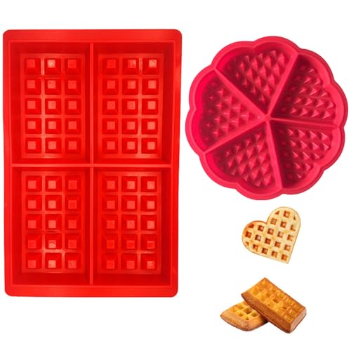 Qinsky Moldes de Gofres,Silicone Waffle Moldes 2 Pack Antiadherentes Gofres para Hornear para Niños Molletes Galletas Choclate Herramientas de Cocina Rectangular y Forma de Corazón Rojo