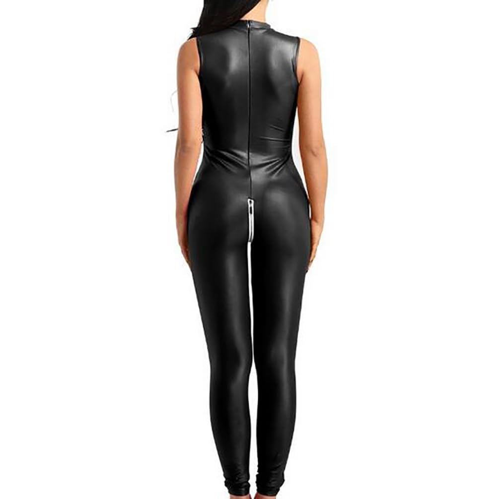 Catsuit in Pelle Verniciata da Donna Tuta in Ecopelle Costume da Spettacolo,Black-M