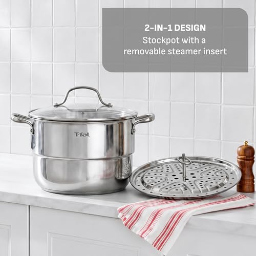 Image of T-Fal Specialty 7.2 Quarts Stainless Steel Pan Stockpot with Lid, Induction Compatible, Dishwasher Safe, Oven Safe to 500F, Stew Pot, Silver