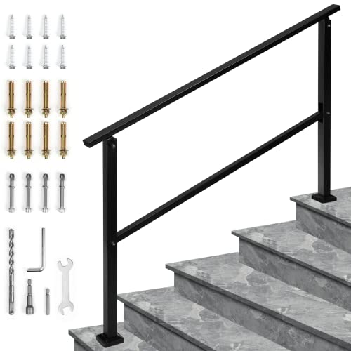 Handrails for Outdoor Steps Fits 1 to 5 Steps Stair Railing for Outdoor, Wrought Iron Handrail with Installation Kit for Concrete Steps, Porch Steps (5 Steps), Matte Black
