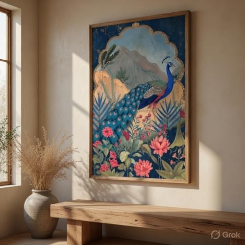 Image of Livin'luxe Peacock Nature Landscape Wall Painting with Wooden Frame | Elegant Bird Art HD UV Laminated MDF Wall Decor | Botanical Peacock Artwork for Living Room Bedroom Office Home Decor