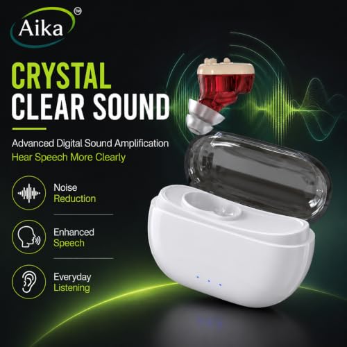 Image of Aika Rechargeable Digital Hearing Aid for Adults & Seniors | Invisible Mini CIC Hearing Amplifier | Noise Reduction | Magnetic Charging Case | 42 Hours Battery Backup | Volume Control | Comfortable In-Ear Design (1 Year Warranty)