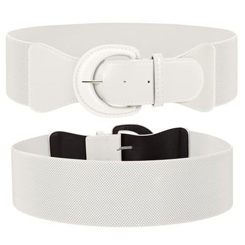 JASGOOD Women Retro Wide Elastic Belt Stretchy Waist Belt, Vintage Chunky Buckle Belts for Dress,White - image 6