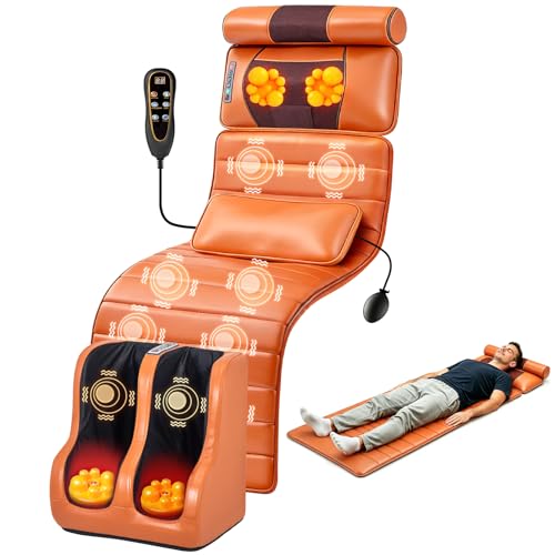 Full Body Massage Mat with Foot Massager, Shiatsu Vibration Massage Pad with Heat, Detachable Neck Pillow, Airbag Lumbar Support & Remote Control for Back, Waist, Legs and Feet