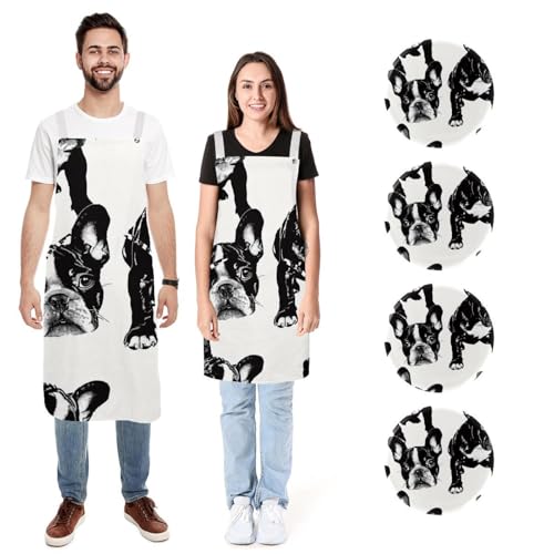 Tabliers de cuisine lin bouledogue français réglables homme femme 2 poches