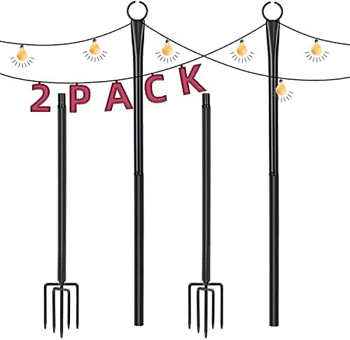 Outdoor String Light Pole, Heavy Duty Light Poles For Outside With Hooks And 4-Prong Fork, Metal Post For Hanging String Lights For Deck, Patio Garden, Backyard, 2 Pack #TOP8