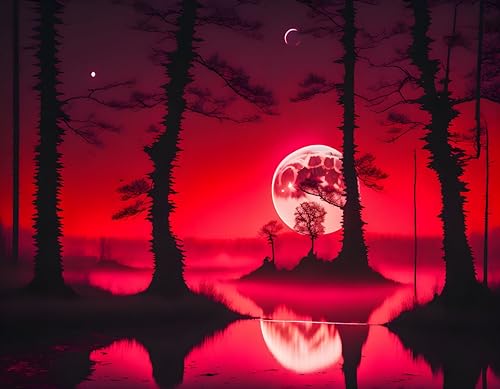 Affiches sur toile lune rouge forêt tableau paysage eau sans cadre 58x90