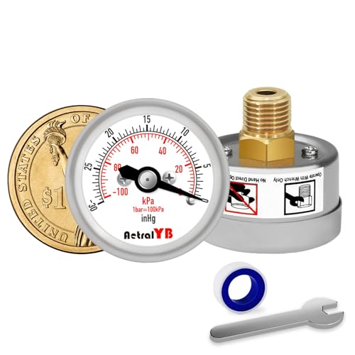 AetralYB Mini Vacuum Pressure Gauge,Stainless Steel Housing,Brass Internal,1.2 Inch Dial,-30INHG/-100Kpa,NPT 1/8" Back Mount,Dry Type,Lead-Free, for Vacuum Pressure Test
