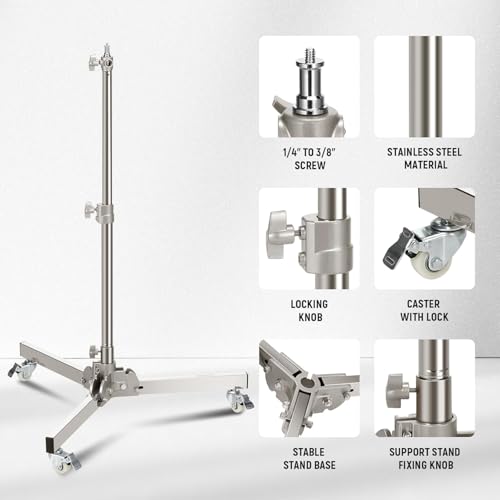 Image of NEEWER Heavy Duty Light Stand with Casters, Max Height 3.2ft /98cm, Stainless Steel Foldable Adjustable Tripod, Photography Light Stand for Speedlight Softbox Monolight, Max Load 22lb