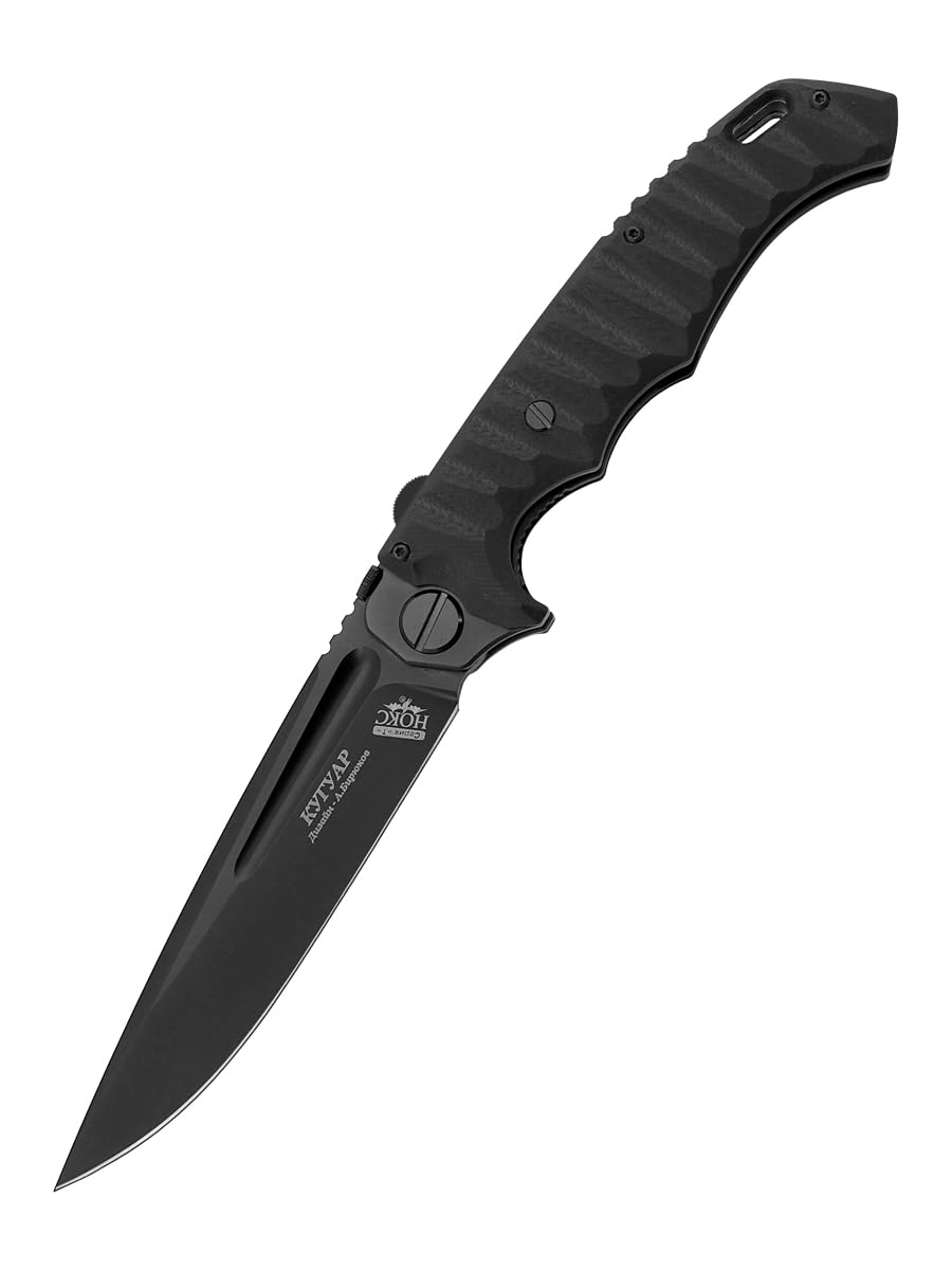 HOKC Cougar | 332-709406 | ライナーロック付きポケットナイフ、ボールベアリングオープン、G10ハンドル、両手利き親指スタッド、D2ステンレススチールブレード、ブラックチタンコーティングユーティリティナイフ。