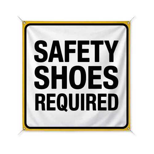 Safety Shoes Required Large Banners and Signs for Outdoor by BCB Print | Construction Polyester Banner with 4 Hole for Easy Hang Indoor & Outdoor | 3x3ft Banner to Promote Business | HD Made in USA