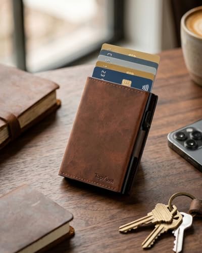 Image of TopMost Genuine Leather Pop Up Wallet for Men, Credit Card Holder, RFID Blocking Ridge Wallets for Men with ID Window, Slim, Minimalist, 5-9 Card Capacity & Cash Slot