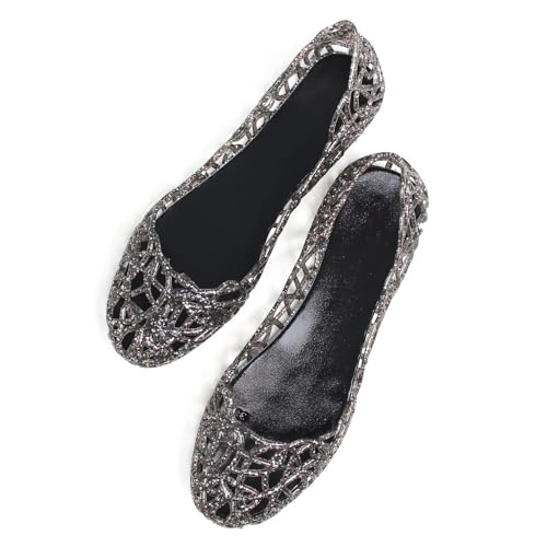 Image of Stunner Women Beach Jelly Shoes Slip On Crystal Summer Hollow Ballet Flats | Summer Cool PVC Breathable Outdoor Indoor Dressy Flat Sandals for Holiday Shopping Spa Swimming Pool