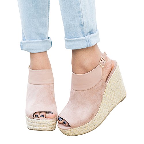 Syktkmx Womens Platform Wedge Sandals Suede Peep-Toe Strap Buckle Mid Heel Espadrille Shoes