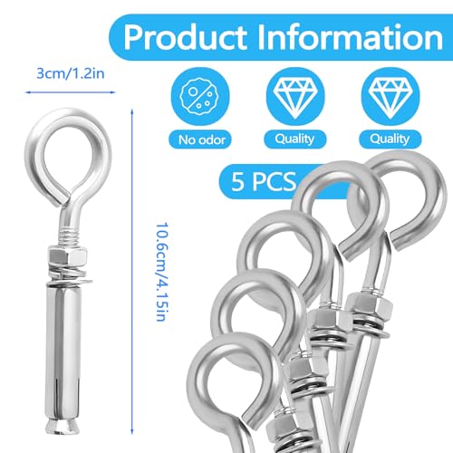 Fatiya 5 Pack Expansion Concrete Wall Anchors Eye Bolts Screw, 304 Stainless Steel Concrete Wall Hooks - Image 2