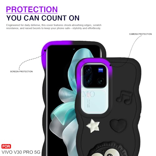 Image of AESTMO Back Case Cover for Vivo V30 / V30 Pro 5G | 3D Cute Fun Cartoon Characters | Anti Slip Grip Cute Wave Curly Frame Shape | Full Body Protection Back Cover for Vivo V30 / V30 Pro 5G (Black)