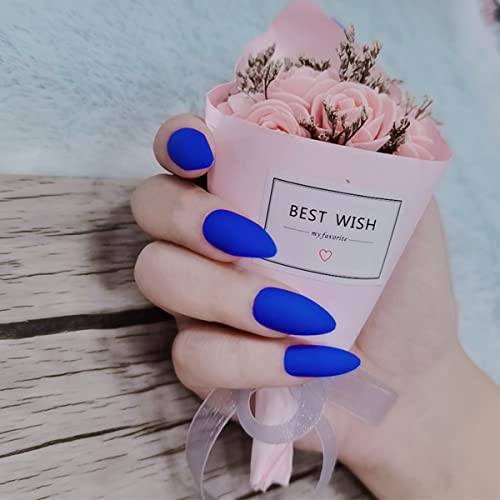 Umillars 24pcs Matte Pure Color Stiletto Nails False Gel Nails Art Tips Sets Full Cover Medium Almond Shape Acrylic Fake Nail Tips Gel (Matte Blue)