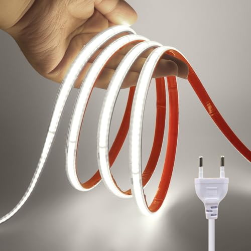 KISUFU 220V COB Striscia LED,240 LED/m Flessibile ad alta densità Nastro biadesivo IP67 Impermeabile Striscia luminosa LED per l'illuminazione di armadietti fai da te, decorazione della casa