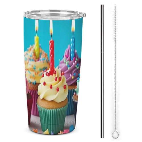 Bicchiere da 590 ml in acciaio inox, tazza da viaggio colorata con cupcake di buon compleanno, bicchiere isolato, doppia parete, tazza da caffè sottovuoto con coperchio con cannuccia, spazzola per la
