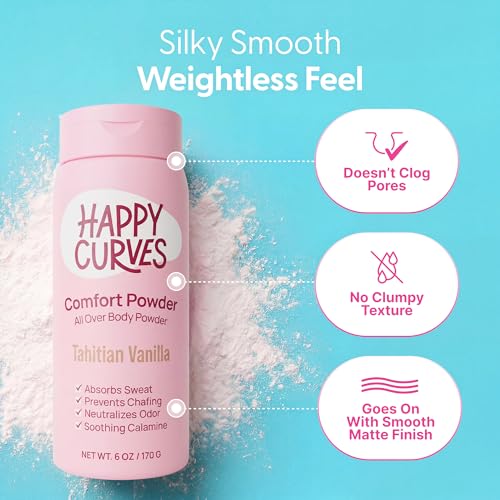 Image of HAPPY CURVES Comfort Powder: Talc Free Anti Chafe Body & Foot Dusting Powder Deodorant to Control Inner Thigh Chafing, and Private Areas 6oz (Pack of 1) - Tahitian Vanilla
