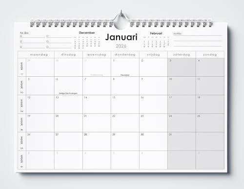Huurdies – Calendario de pared de 18 meses – Encuadernado en espiral – Impreso en una cara – Cartón trasero – Números de semana, Días festivos, Notas & To-Do (2026, A3+)
