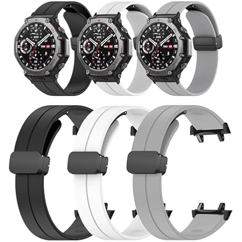 YANMONGI Silicone Bands Compatible with Amazfit T-Rex 3，Soft Silicone Magnetic Buckle Sport Wristband Watch Straps for Men Women-Black/Gray/White Cover