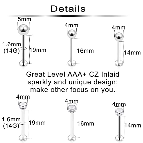 Ftovosyo 12Pcs 14G 16G Cheek Piercing Jewelry Stainless Steel Dimple Rings Labret Long Tongue Barbell Body Piercing Jewelry for Women Men Bar Length 14mm-19mm2