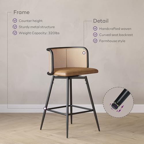 Image of 26 inch Swivel Rattan Bar Stools Set of 2, Counter Height Barstools, Brown | TYBOATLE, Farmhouse, Mid-Century Modern, Rattan Woven Back, Faux Leather Seat, Island, Kitchen