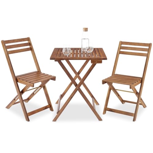 tectake® Ensemble de bistrot pliable, Résistant aux intempéries, Bois d'acacia massif, Table extérieure et 2 chaises, Pré-assemblé, Mobilier de terrasse,...