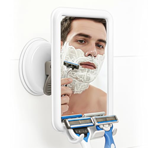 Safe-er-Grip Changing Lifestyles Suction-Mounted Fog-Free Shower Mirror, 360° Swivel Shaving Mirror with 2 Razor Hooks, Removable, Reusable, No-Tool Install, 4.5 x 6 in, White